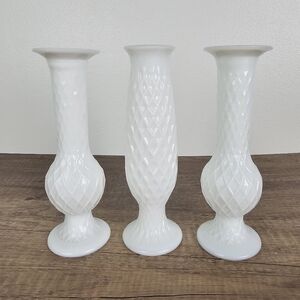 Vintage E.O. Brody Co. Diamond Pattern Milk Glass Bud Vases - Set of 3